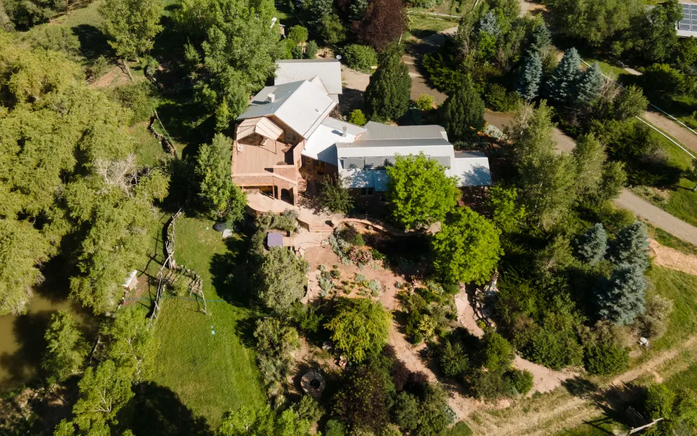 Aerial view of a home and gardens on O Road, North Fork Valley